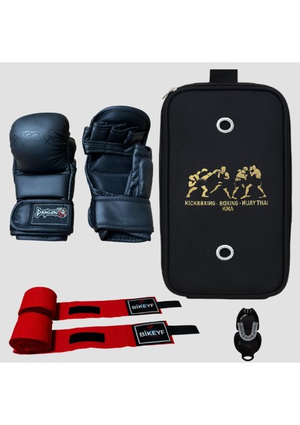 Kaplumbağa Mma Eldiveni Çift Dolamalı + Bandaj + Dişlik + Eldiven Taşıma Çantası – 4’lü Set Red