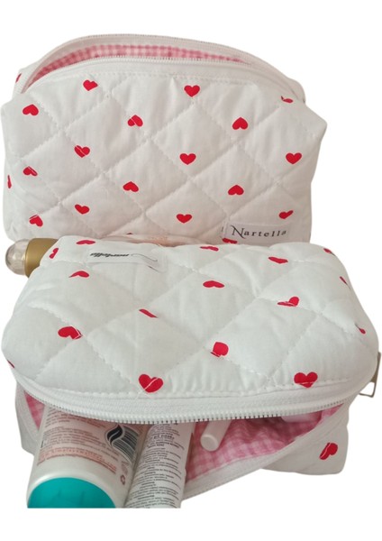 Love Heart 2’li Kalp Desenli Kapitone Makyaj Çantası Seti – Büyük ve Küçük Boy, Yıkanabilir, Hediye Için Özel