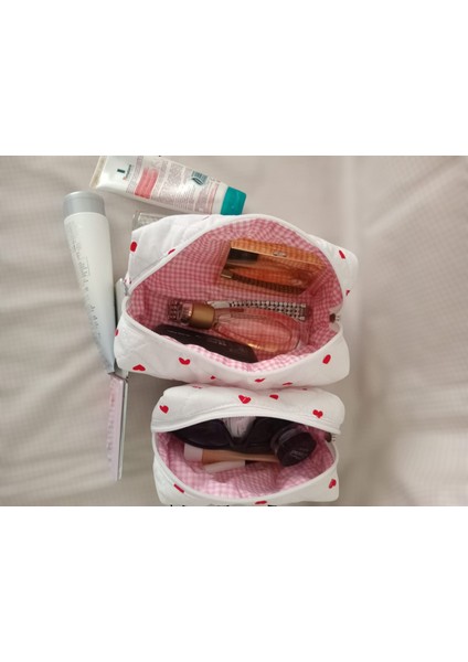 Love Heart 2’li Kalp Desenli Kapitone Makyaj Çantası Seti – Büyük ve Küçük Boy, Yıkanabilir, Hediye Için Özel fiyatları