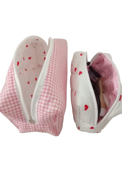 Love Heart 2’li Kalp Desenli Kapitone Makyaj Çantası Seti – Büyük ve Küçük Boy, Yıkanabilir, Hediye Için Özel modelleri