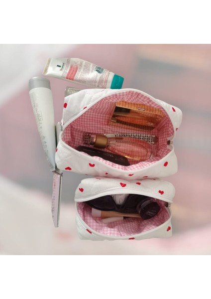 Love Heart 2’li Kalp Desenli Kapitone Makyaj Çantası Seti – Büyük ve Küçük Boy, Yıkanabilir, Hediye Için Özel fırsatları