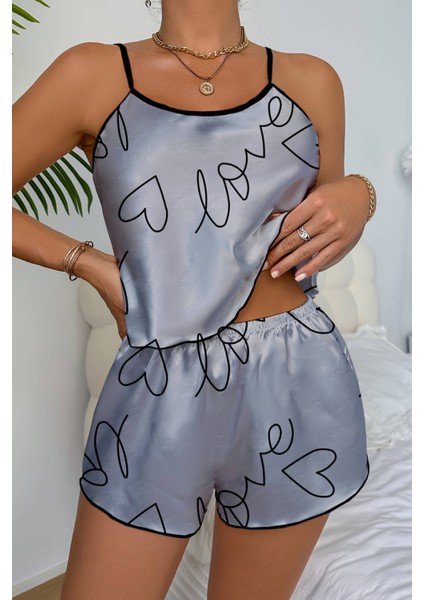Mulvxbrf BRF02 Love Baskılı Gri Saten Şortlu Gecelik Takım (Mulvix)