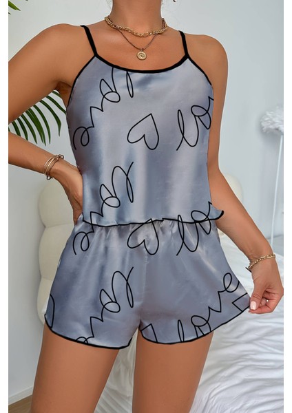 Mulvxbrf BRF02 Love Baskılı Gri Saten Şortlu Gecelik Takım (Mulvix) fiyatları