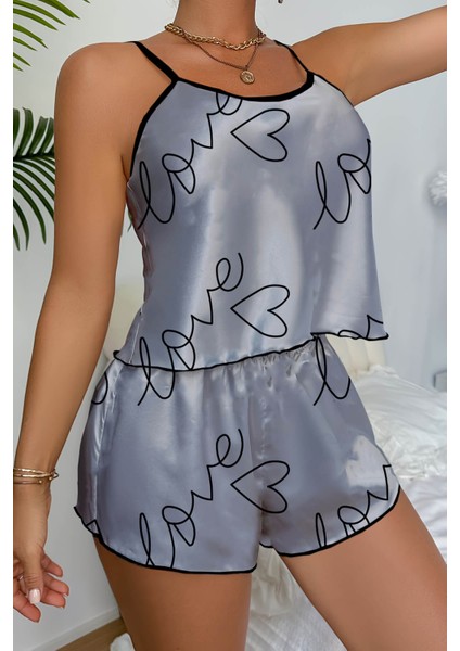 Mulvxbrf BRF02 Love Baskılı Gri Saten Şortlu Gecelik Takım (Mulvix) modelleri