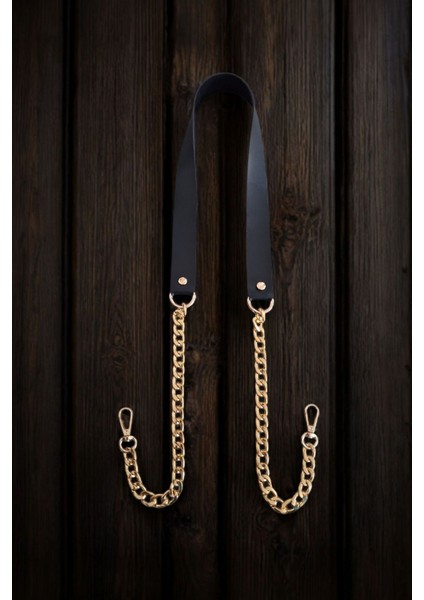 Suni Derili Papağan Kancalı Altın Renk Zincirli Çanta Saplar - 115 cm ( Siyah )