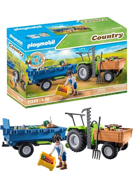 Country 71249 Römorklu Traktör, Taşıma Kutuları Dahil, Organik Çiftlik Için Yeşil Traktör, 4 Yaşından Büyük Çocuklar Için Sürdürülebilir Oyuncak