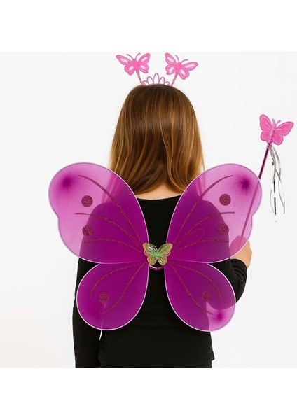 Fuşya Kelebek Kız Seti – 50 cm Kelebek Kanadı, Taç ve Asa