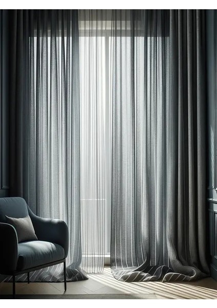 Çizgili Keten Tül Perde - Gri - Pileli Dikim 1x2,5 Pile - G5656