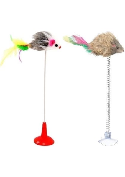 2li Vantuzlu Fareli Tüylü Hareketli Çanlı ve Esneyen Eğlenceli Peluş Kedi Oyuncağı