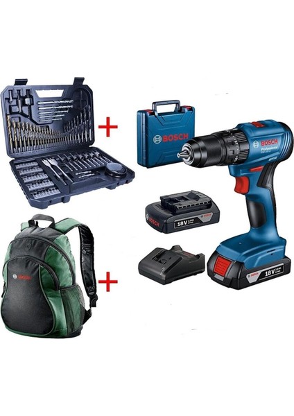 Professional GSB 185-LI 2 x 2.0Ah Çift Akülü Darbeli Matkap - 06019K3100 + Bosch V-Line Matkap & Vidalama Karışık Aksesuar Seti 103 Parça - 2607017367 + Bosch Sırt Çantası (Yeşil)