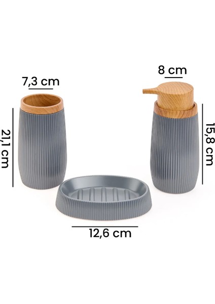 Bath Ahşap Desenli 5’Li Banyo Seti - Antrasit