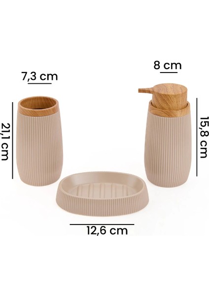 Bath Ahşap Desenli 5’li Banyo Seti - Bej