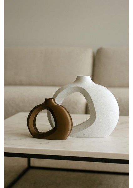 Iskandinav Tarz Ikili Dekoratif Plastik Vazo | Mermer - Bronz Renk %100 Doğal Plastik