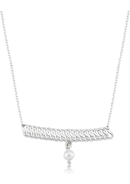 Altın Kolye - İnci Sallantılı Şerit Örgü 14 Ayar Altın Kolye