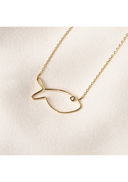 Altın Kolye - Tatliş Minimal Balık Swarovski Taşlı Gözlü 14 Ayar Altın Kolye - Balık Altın Kolye modelleri