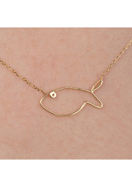 Altın Kolye - Tatliş Minimal Balık Swarovski Taşlı Gözlü 14 Ayar Altın Kolye - Balık Altın Kolye fırsatları