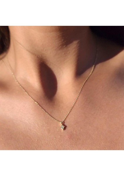 Altın Kolye - Karo Taşlı Minimal Zarif Tarz Gündelik Swarovski Taşlı Tasarım 14 Ayar Altın Kolye