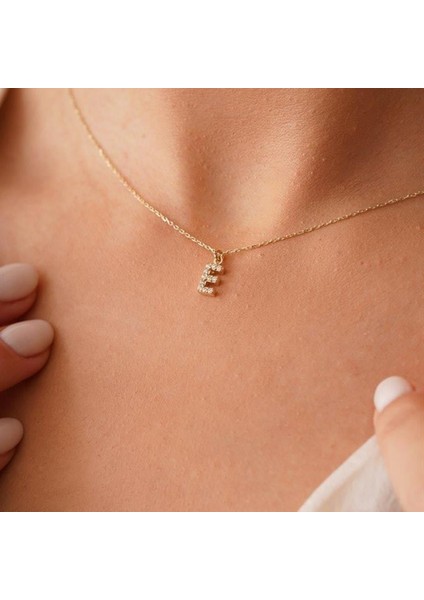Altın Kolye - 14 Ayar Altın Harf Kolye-0.18 Ct Pırlanta (Saworosky) Taşlı Harf Modern Kolye-14 Ayar Hediye Altın Kolye
