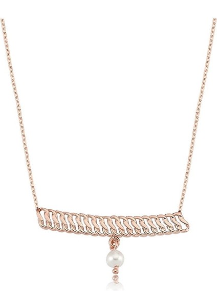 Altın Kolye - İnci Sallantılı Şerit Örgü 14 Ayar Altın Kolye