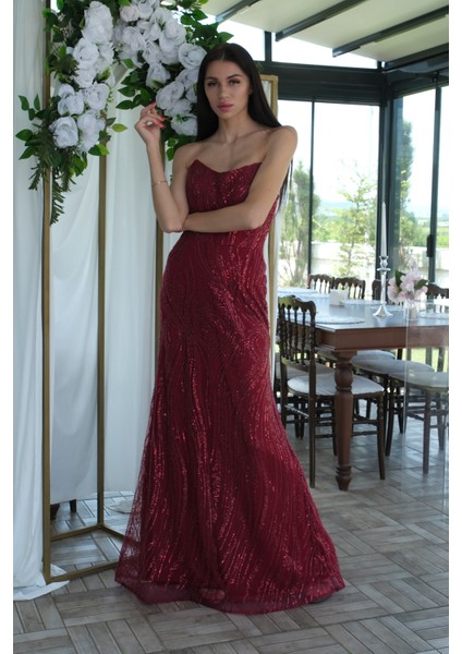 Bordo Taş Işlemeli Uzun Balık Abiye 0801056.04