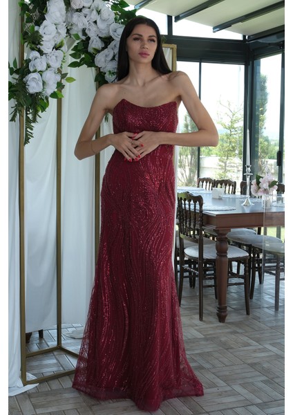 Bordo Taş Işlemeli Uzun Balık Abiye 0801056.04 modelleri