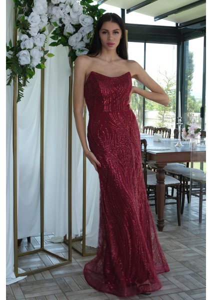 Bordo Taş Işlemeli Uzun Balık Abiye 0801056.04 fırsatları