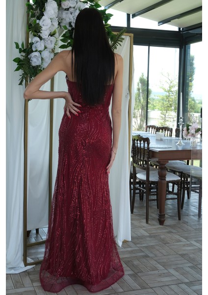 Bordo Taş Işlemeli Uzun Balık Abiye 0801056.04 indirimleri