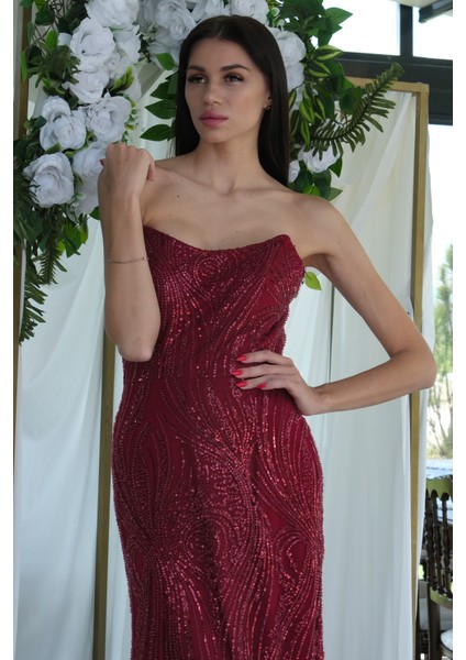 Bordo Taş Işlemeli Uzun Balık Abiye 0801056.04