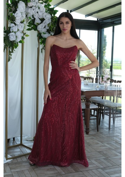 Bordo Taş Işlemeli Uzun Balık Abiye 0801056.04