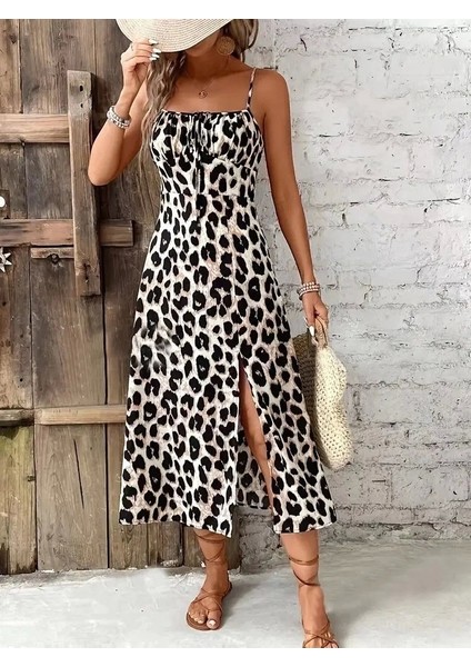Kadın Askılı Yakadan Bağcıklı Yırtmaçlı Leopar Desenli Midi Süprem Elbise fırsatları