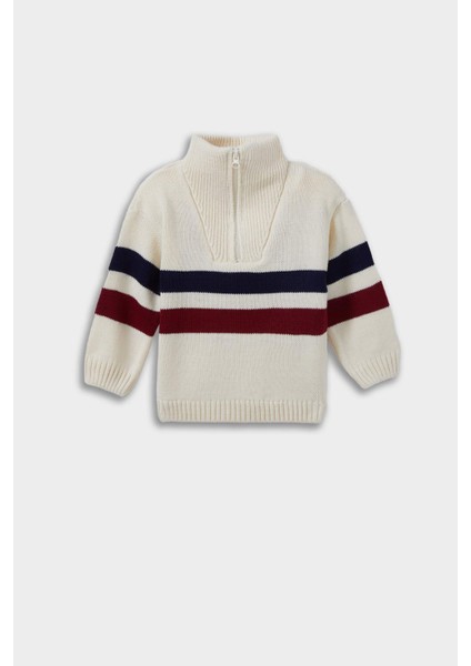 Erkek Bebek Dik Yaka Fermuarlı Çizgili Triko Kazak C8881A525WN