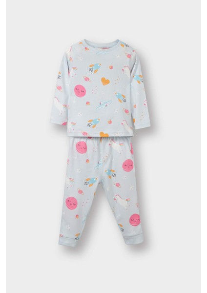 Kız Bebek Pijama Takımı Uzay Baskılı Uzun Kollu Penye Üst Uzun Alt