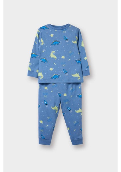Erkek Bebek Pijama Takımı Dinozor Baskılı Uzun Kollu Penye Üst Uzun Alt