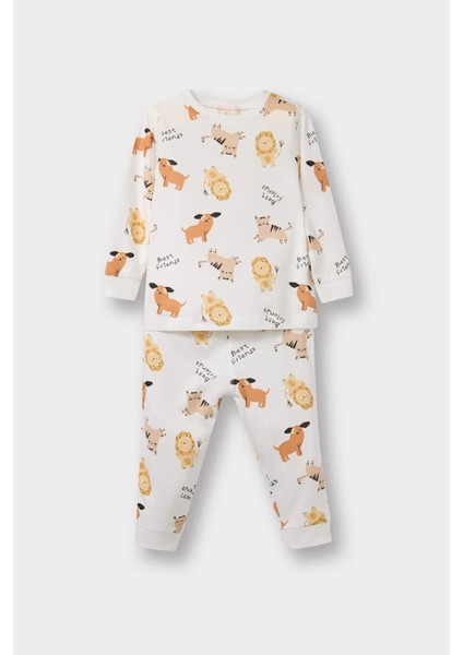Erkek Bebek Pijama Takımı Hayvan Desenli Uzun Kollu Penye Üst Uzun Alt E9473A525AU