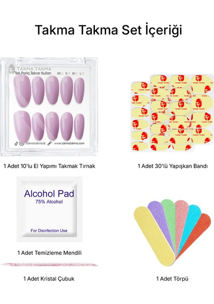 15'li Mor Kısa Oval TT1321 Tekrar Kullanılabilir El Yapımı Protez Takma Tırnak - Mor-S