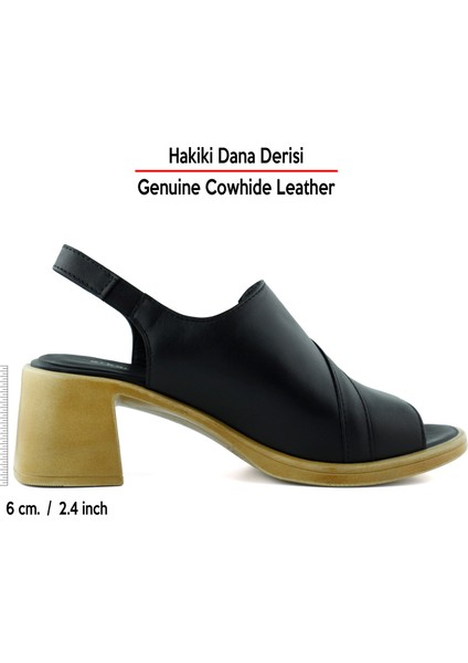 Saules Plus Siyah Hakiki Dana Derisi Kesik Detaylı Lastik Bantlı Kalın Topuklu Sandalet fiyatları