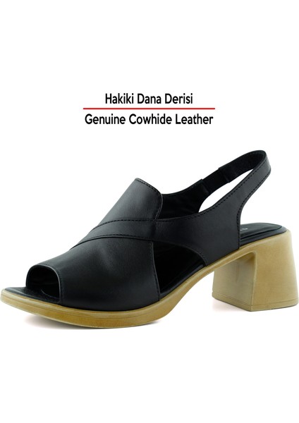 Saules Plus Siyah Hakiki Dana Derisi Kesik Detaylı Lastik Bantlı Kalın Topuklu Sandalet fırsatları