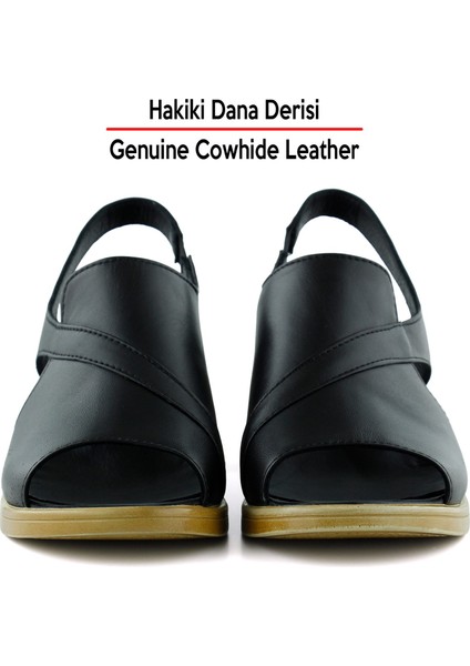 Saules Plus Siyah Hakiki Dana Derisi Kesik Detaylı Lastik Bantlı Kalın Topuklu Sandalet
