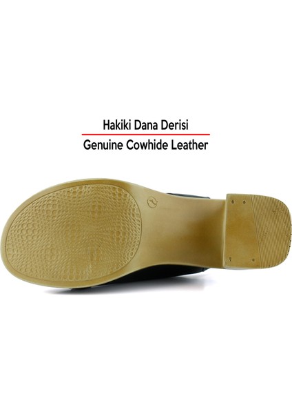 Saules Plus Siyah Hakiki Dana Derisi Kesik Detaylı Lastik Bantlı Kalın Topuklu Sandalet
