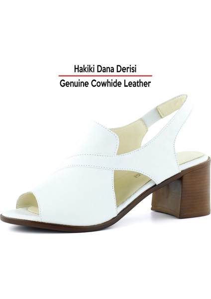 Saules Beyaz Hakiki Dana Derisi Kesik Detaylı Lastik Bantlı Kalın Topuklu Sandalet fırsatları