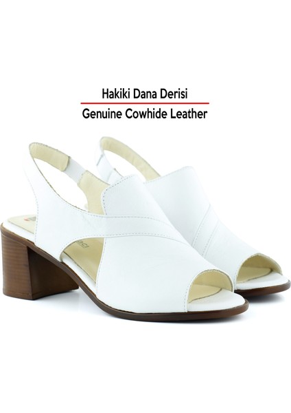 Saules Beyaz Hakiki Dana Derisi Kesik Detaylı Lastik Bantlı Kalın Topuklu Sandalet indirimleri