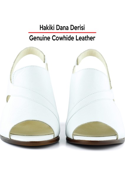 Saules Beyaz Hakiki Dana Derisi Kesik Detaylı Lastik Bantlı Kalın Topuklu Sandalet