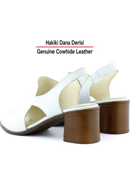 Saules Beyaz Hakiki Dana Derisi Kesik Detaylı Lastik Bantlı Kalın Topuklu Sandalet