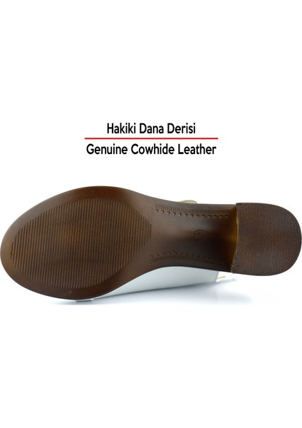 Saules Beyaz Hakiki Dana Derisi Kesik Detaylı Lastik Bantlı Kalın Topuklu Sandalet