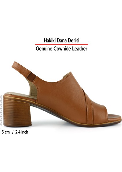 Saules Taba Hakiki Dana Derisi Kesik Detaylı Lastik Bantlı Kalın Topuklu Sandalet fiyatları