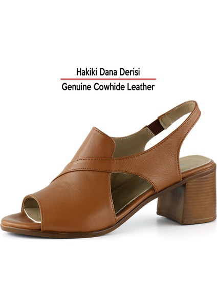 Saules Taba Hakiki Dana Derisi Kesik Detaylı Lastik Bantlı Kalın Topuklu Sandalet fırsatları