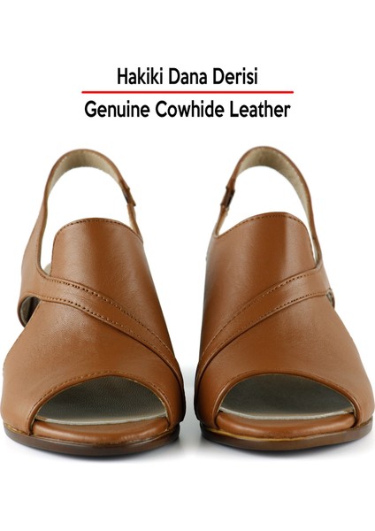 Saules Taba Hakiki Dana Derisi Kesik Detaylı Lastik Bantlı Kalın Topuklu Sandalet indirimleri