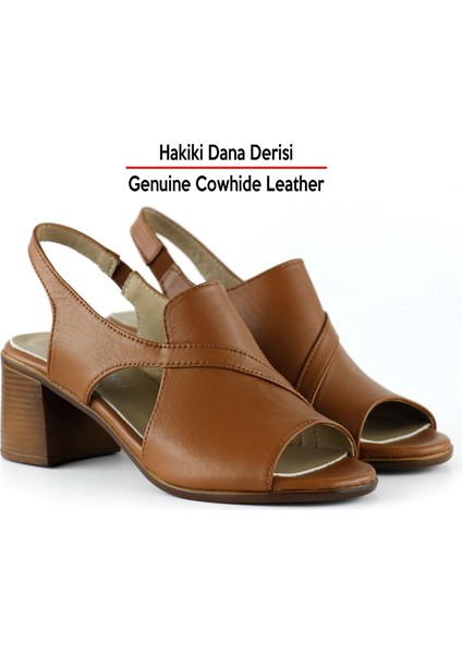 Saules Taba Hakiki Dana Derisi Kesik Detaylı Lastik Bantlı Kalın Topuklu Sandalet