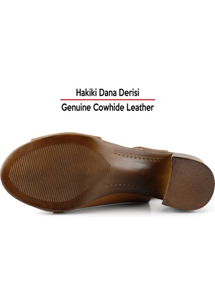 Saules Taba Hakiki Dana Derisi Kesik Detaylı Lastik Bantlı Kalın Topuklu Sandalet