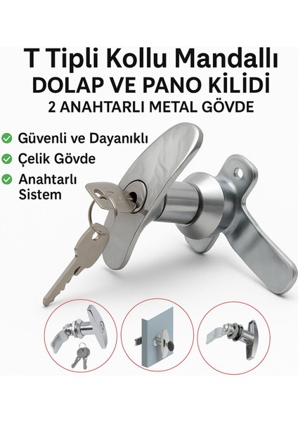 Mandallı Kollu T Tipli Dolap Çekmece Kilidi 2 Anahtarlı Metal Mobilya Elektrik Pano Kilidi 1 Adet